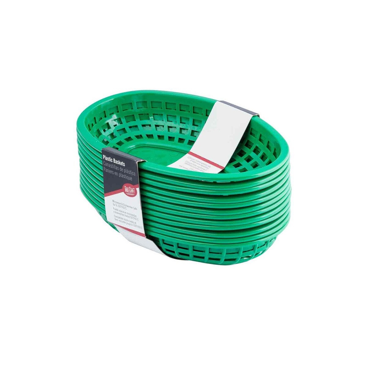 TableCraft C1074G green oval plastic baskets stacked on their side, clearly showing oval form factor and lattice sidewalls