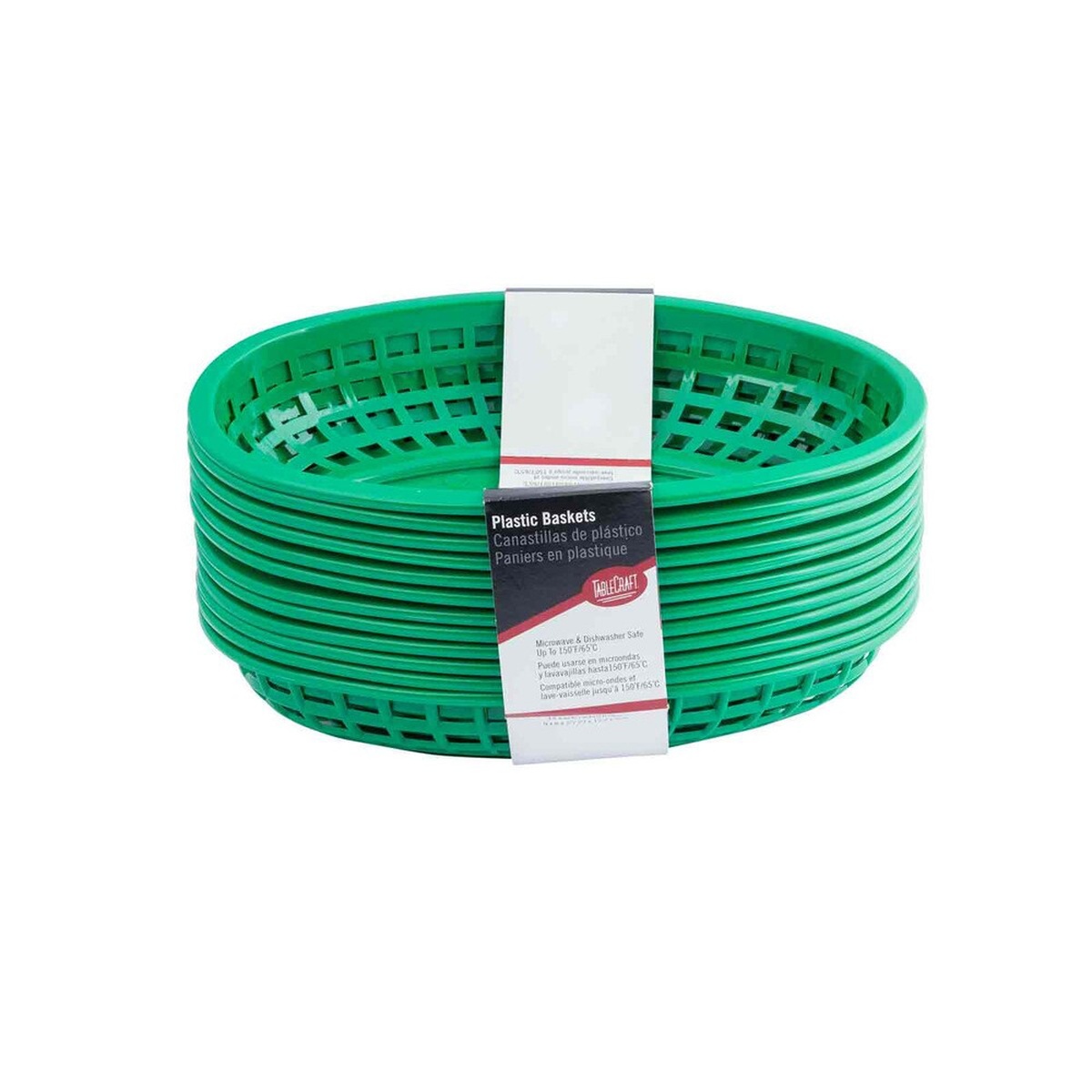 Stack of TableCraft C1074G green oval plastic baskets, front view showing lattice pattern and product label