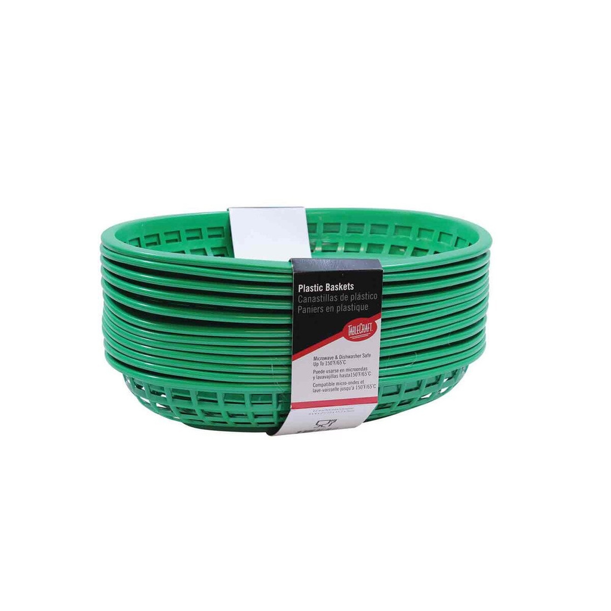 Stack of TableCraft C1074G green oval plastic baskets bundled with label, angled side view