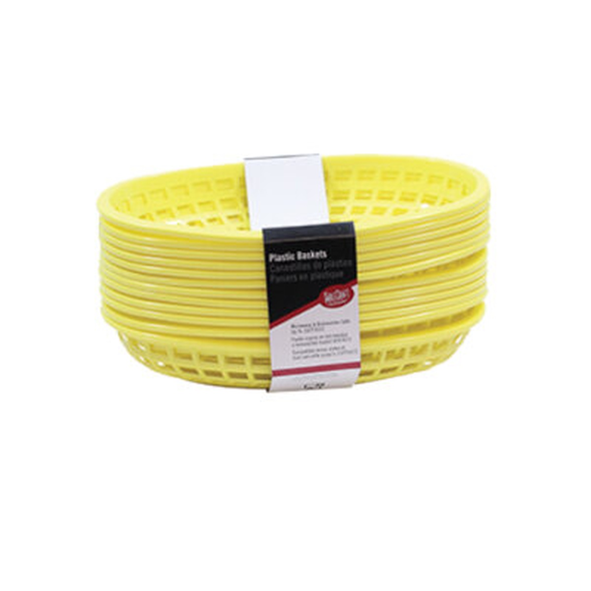 Stack of yellow oval plastic fast food baskets by TableCraft, model C1074Y, shown banded together as a pack of 12