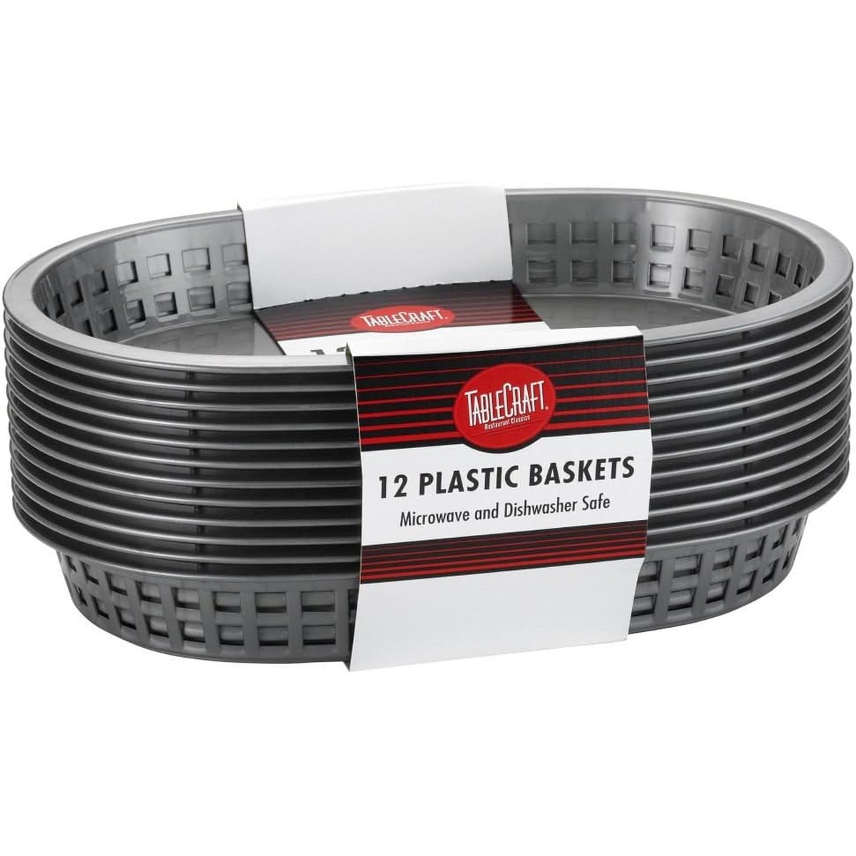 TableCraft C1076BK black oval plastic baskets stacked in a pack of 12 with product band