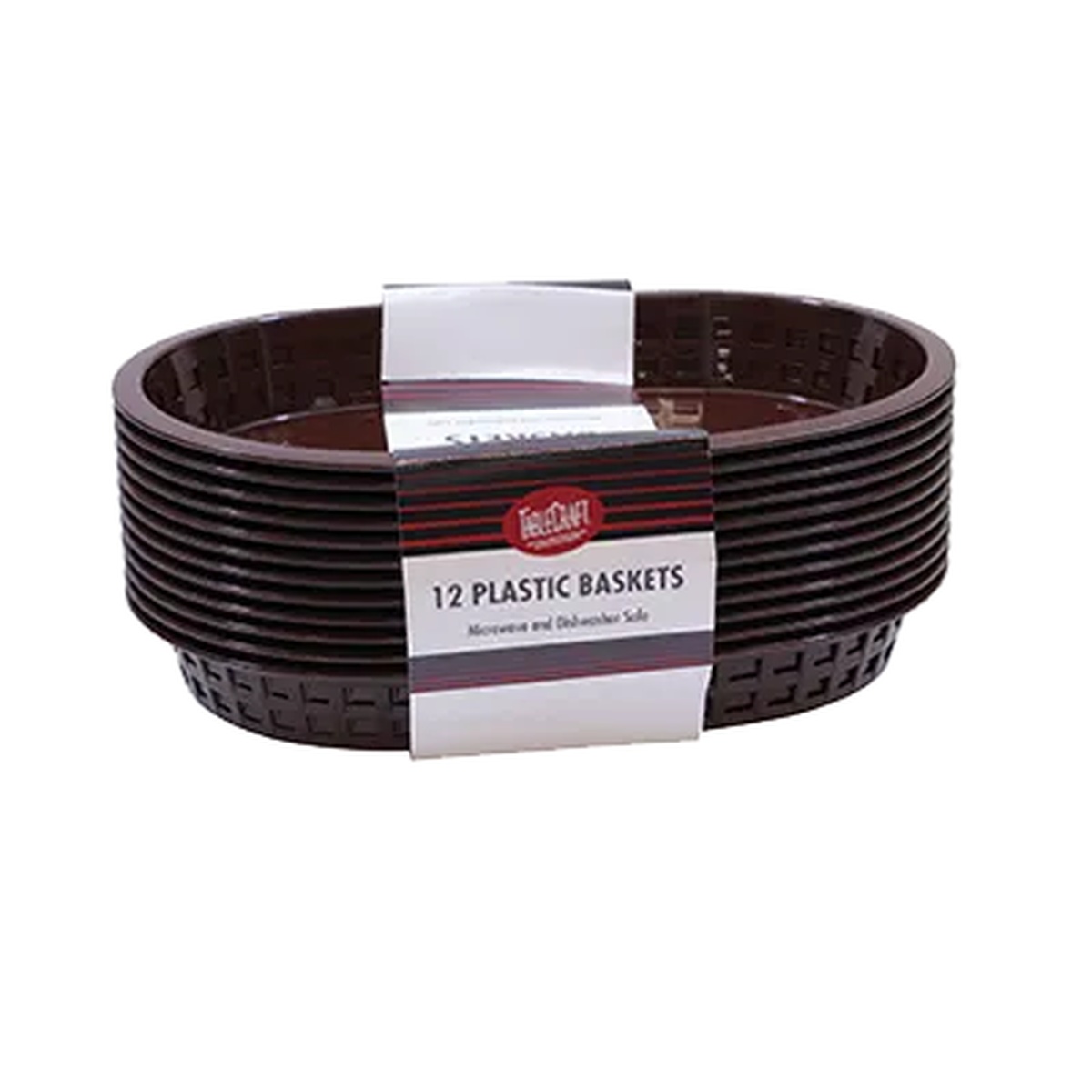 TableCraft C1076BR brown oval plastic baskets stacked in a 12-piece pack with branded label