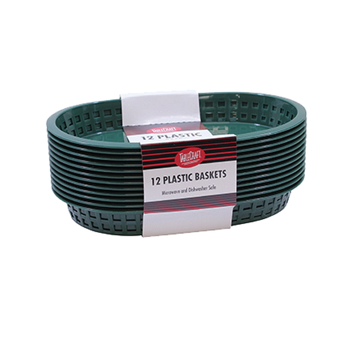 Stack of 12 forest green oval plastic fast food baskets with TableCraft label band