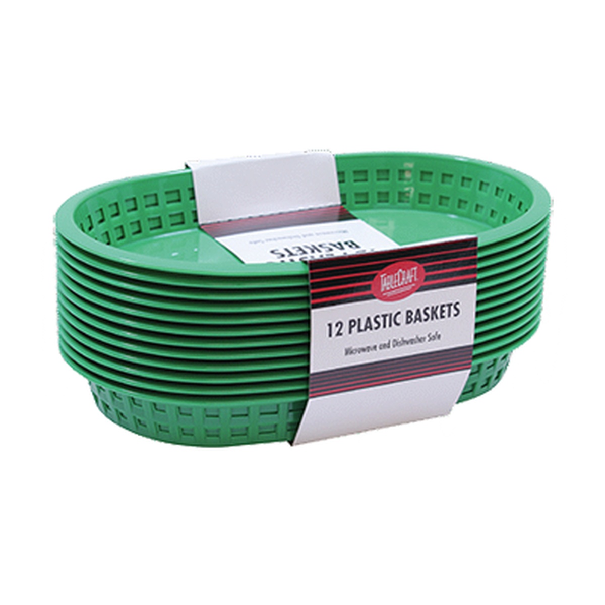 TableCraft C1076G green oval plastic fast food baskets stacked in a pack of 12