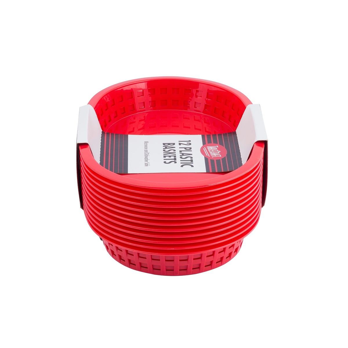 TableCraft red oval plastic baskets viewed from the end showing deep ribbed interior and stacked depth