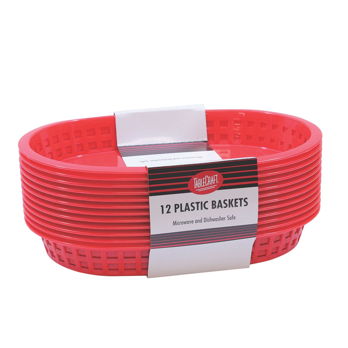 TableCraft C1076R red oval plastic baskets stacked in packaging, side angle view