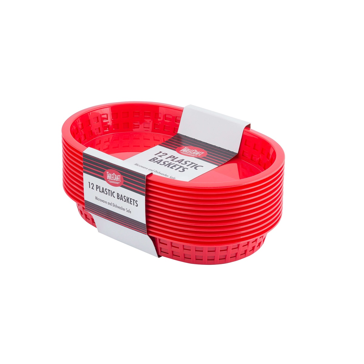 TableCraft red oval plastic baskets stacked at an angle showing ribbed exterior and packaging label