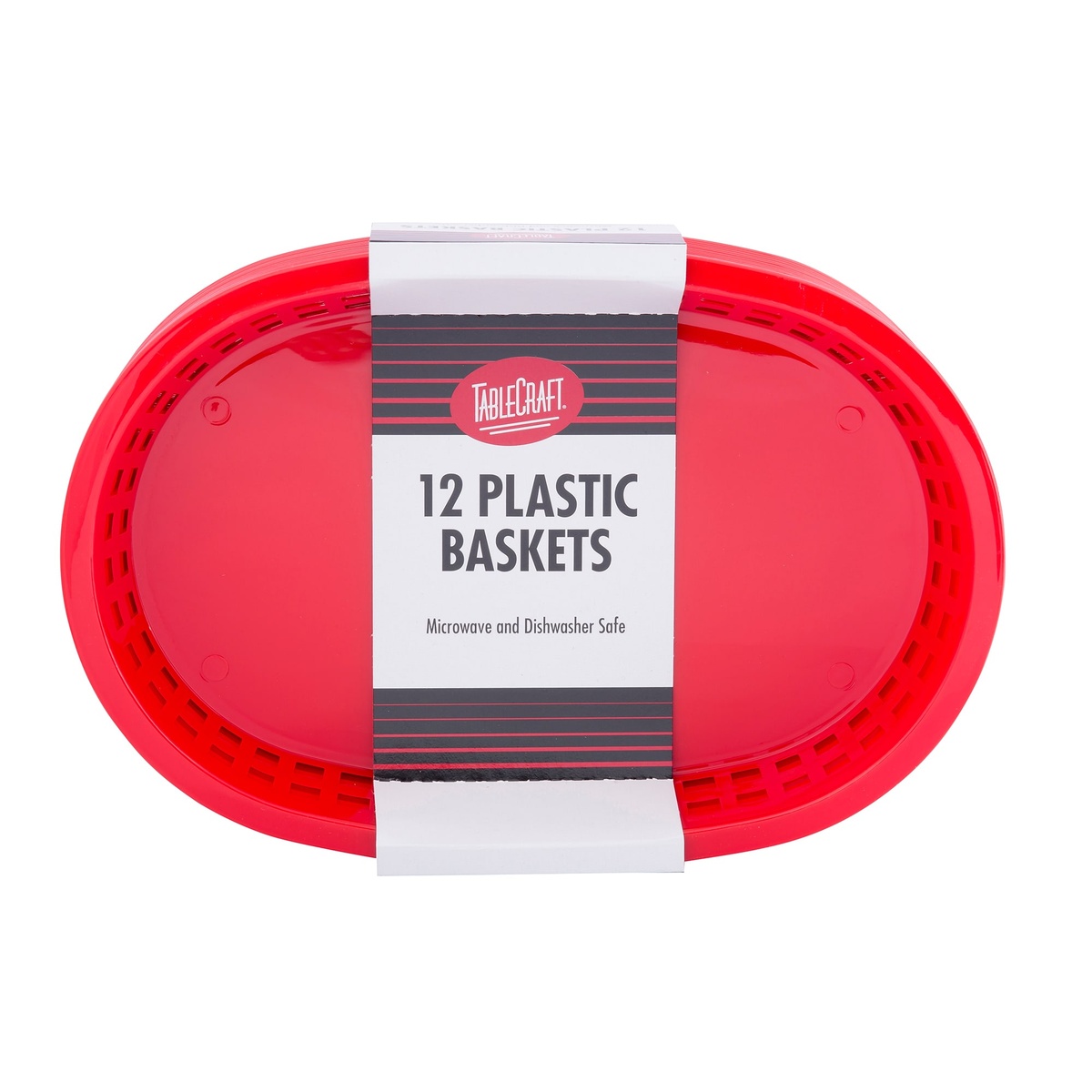 TableCraft red oval plastic baskets top-down view showing interior and Tablecraft packaging band