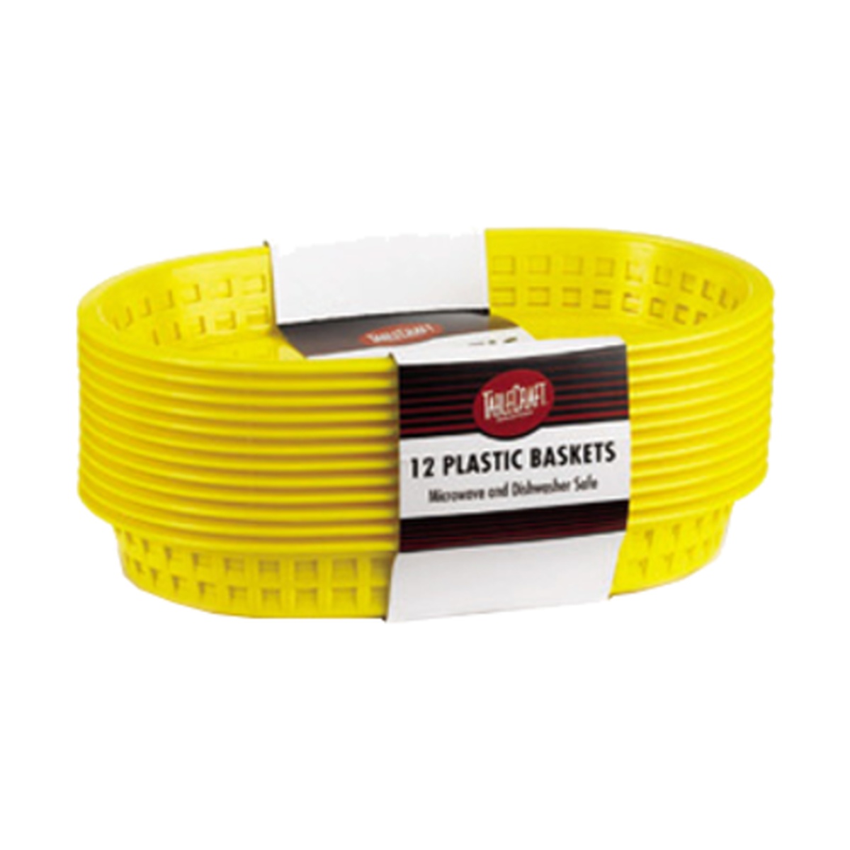 Pack of 12 yellow oval plastic Chicago baskets by TableCraft Products with product label