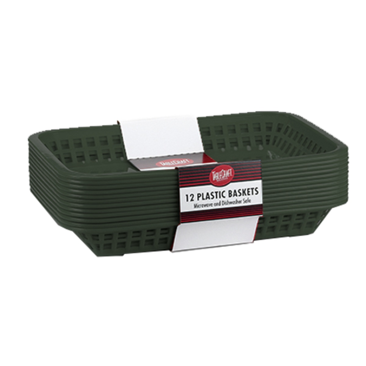 Stack of 12 forest green rectangular polypropylene grande baskets by Tablecraft, bundled with branded label