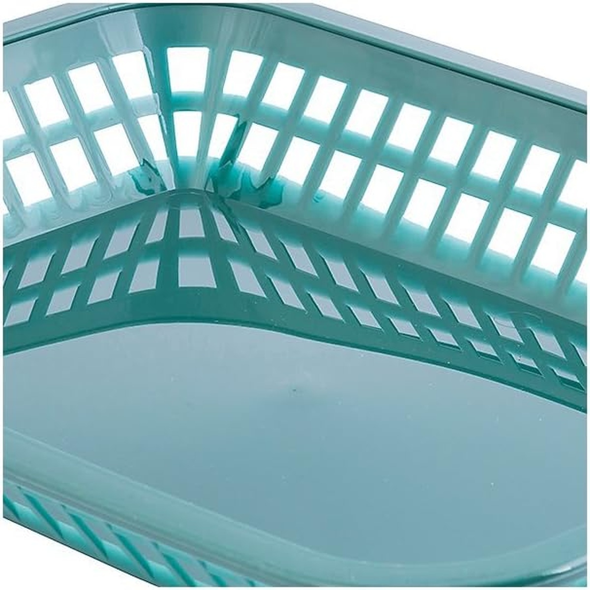 Close-up corner detail of TableCraft C1077FG forest green basket showing lattice weave pattern and smooth interior base