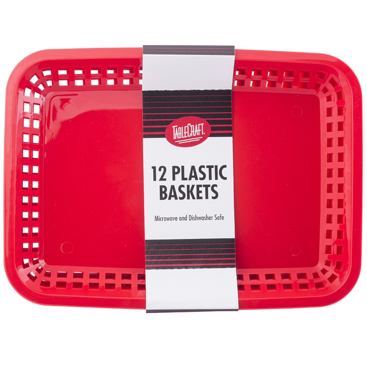 Top-down view of a single red Tablecraft rectangular plastic basket showing perforated rim and smooth interior