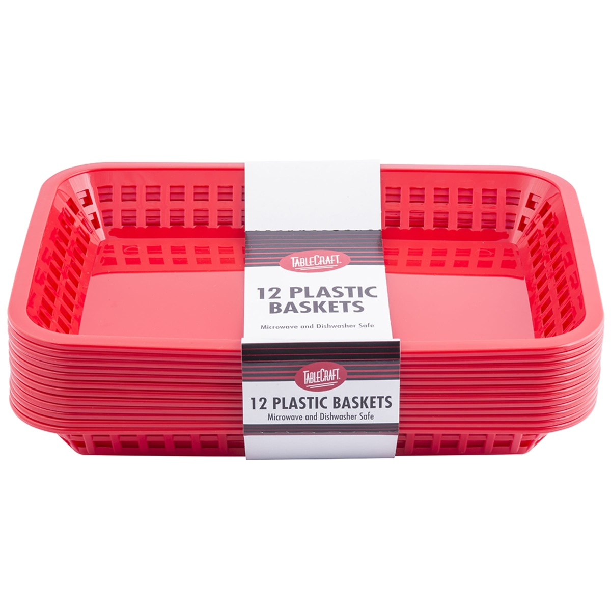Front view of stacked Tablecraft red plastic baskets showing perforated sides and branded packaging band