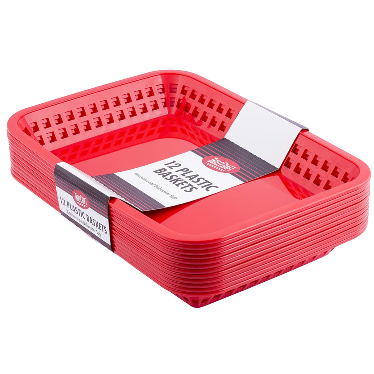 Stack of 12 red rectangular Tablecraft polypropylene food baskets with branded packaging band, angled view