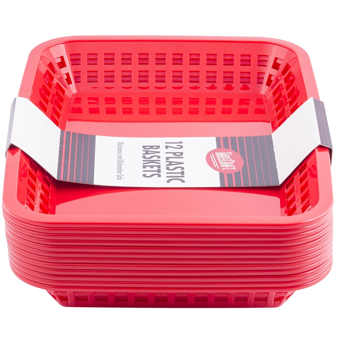 Angled side view of stacked red Tablecraft plastic baskets showing uniform nesting and perforated walls