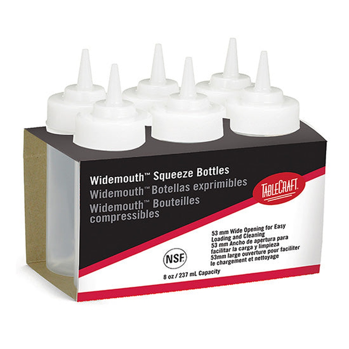 Tablecraft C10853C WideMouth Squeeze Bottles, pack of 6 clear 8 oz bottles in retail packaging