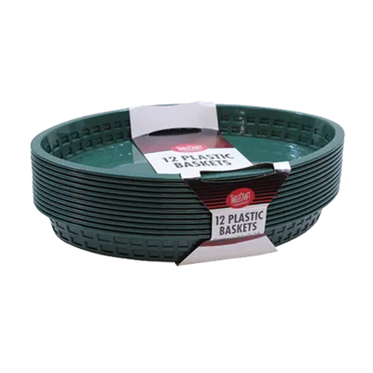Stack of 12 forest green oval polypropylene fast food baskets in retail packaging