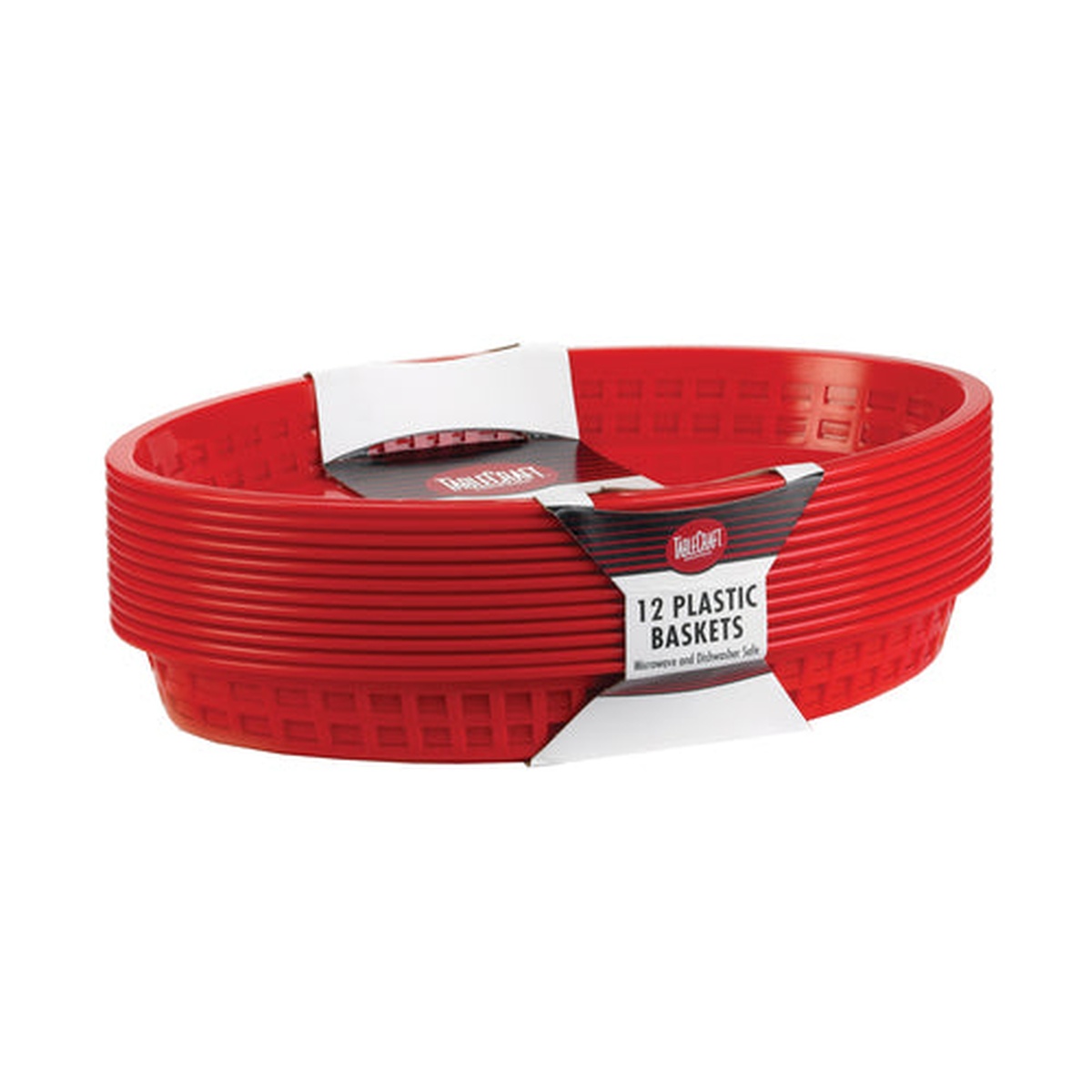Stack of 12 red oval polypropylene Texas baskets banded together with a TableCraft label