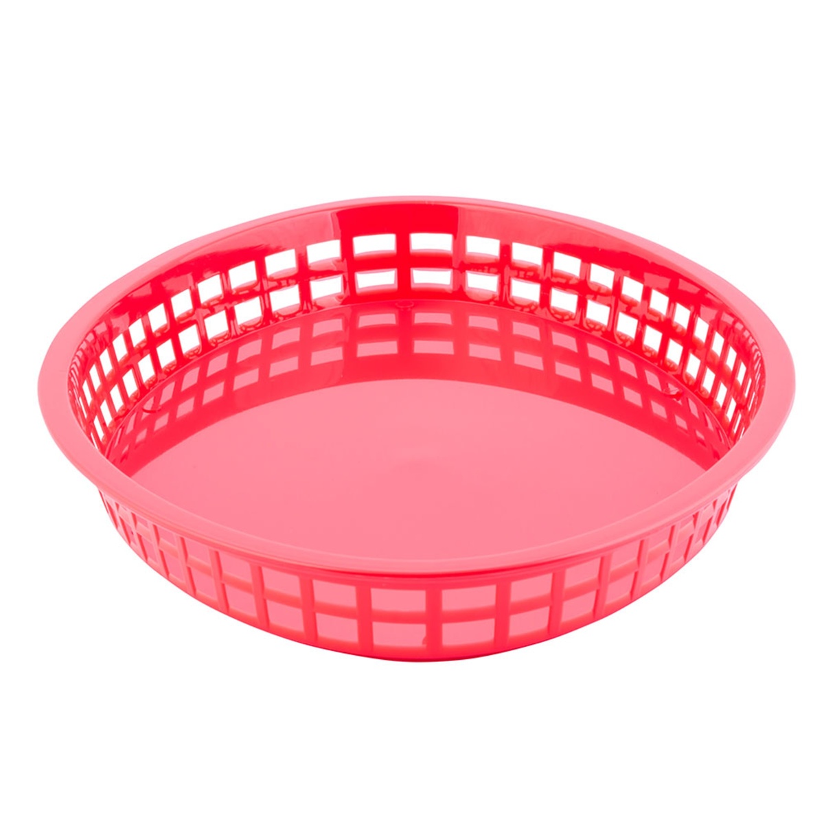 Tablecraft red round polypropylene food service basket, angled view