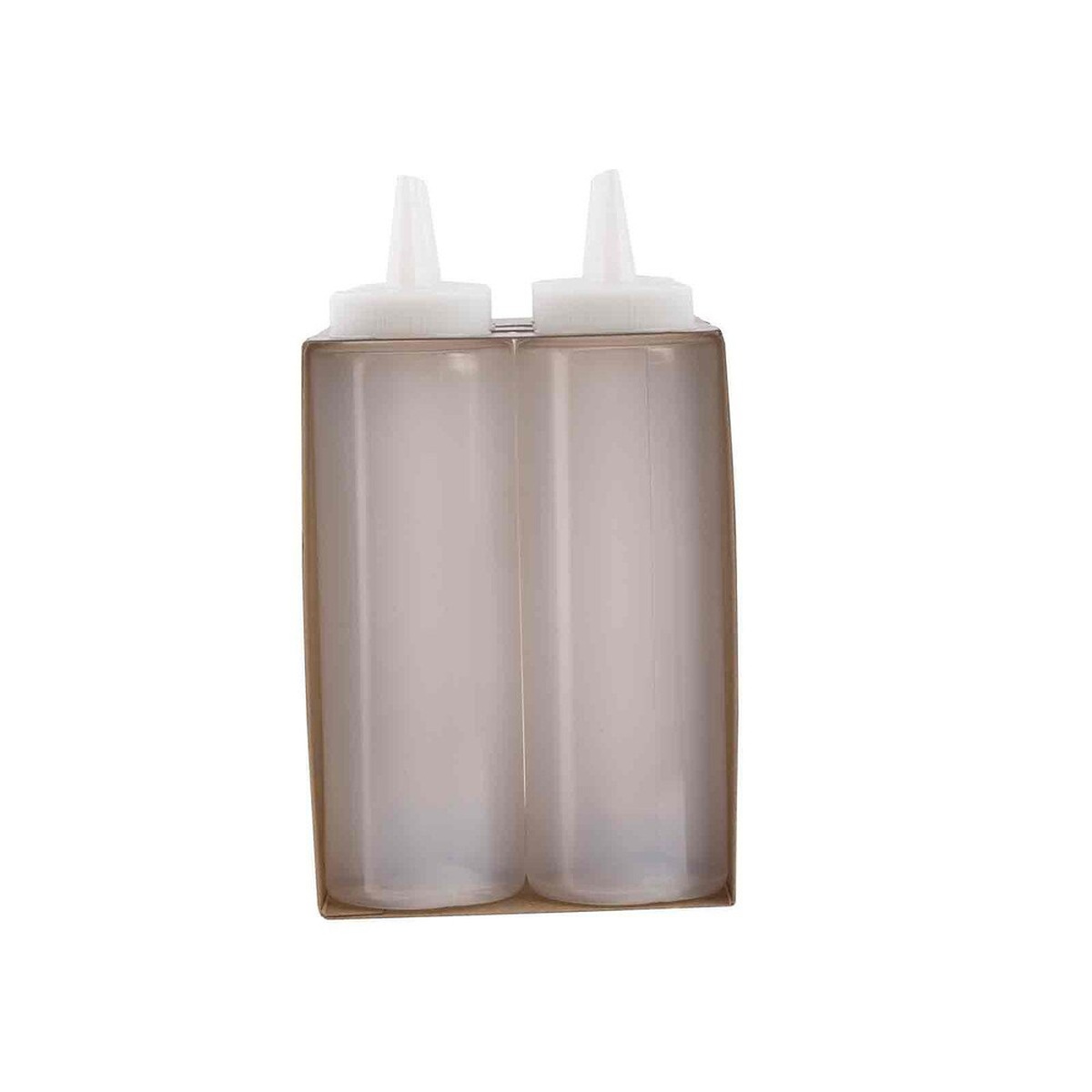 Two TableCraft C108C clear 8 oz. squeeze bottles with natural cone tips in kraft packaging