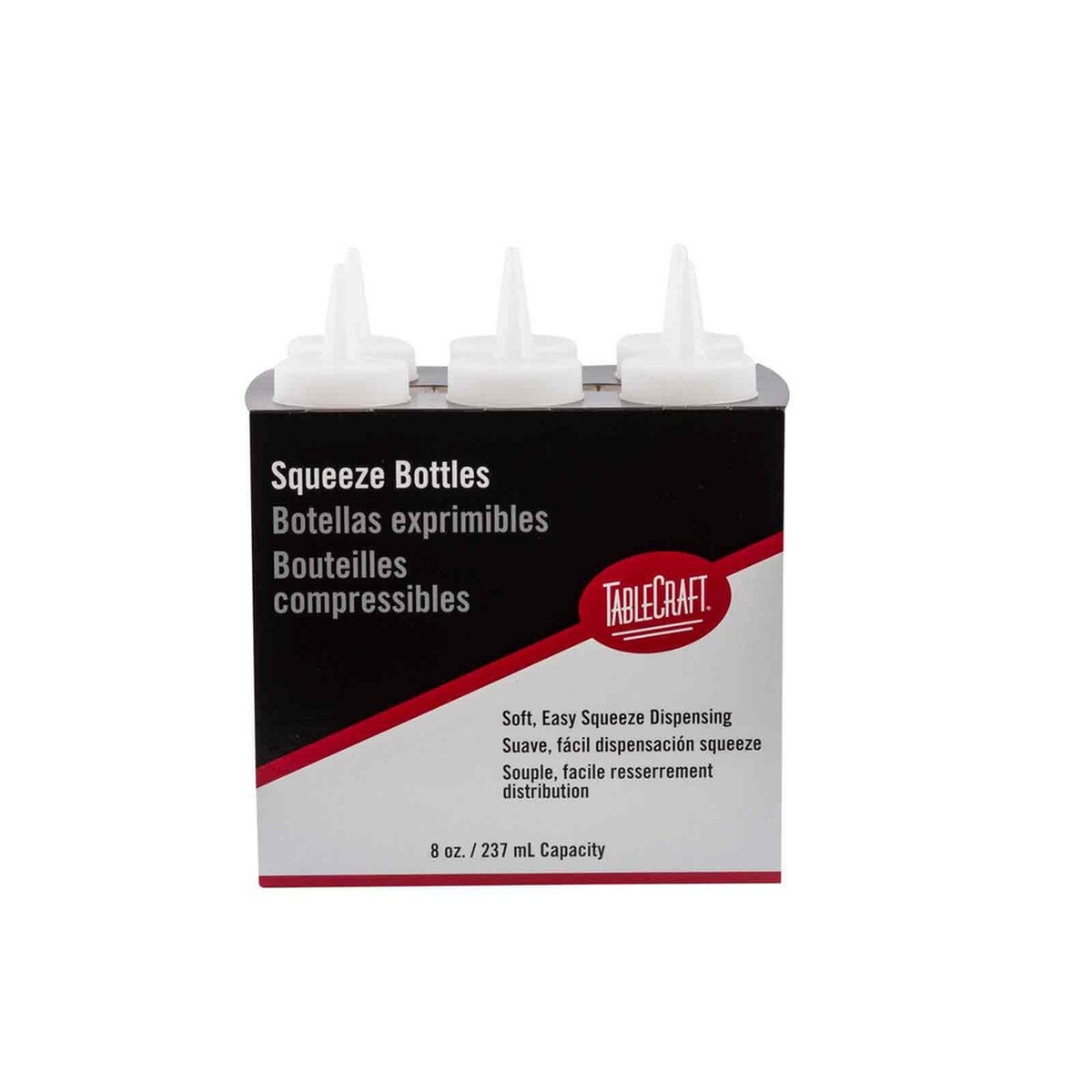 TableCraft C108C squeeze bottles in retail display box, front view showing 6-pack with cone tips