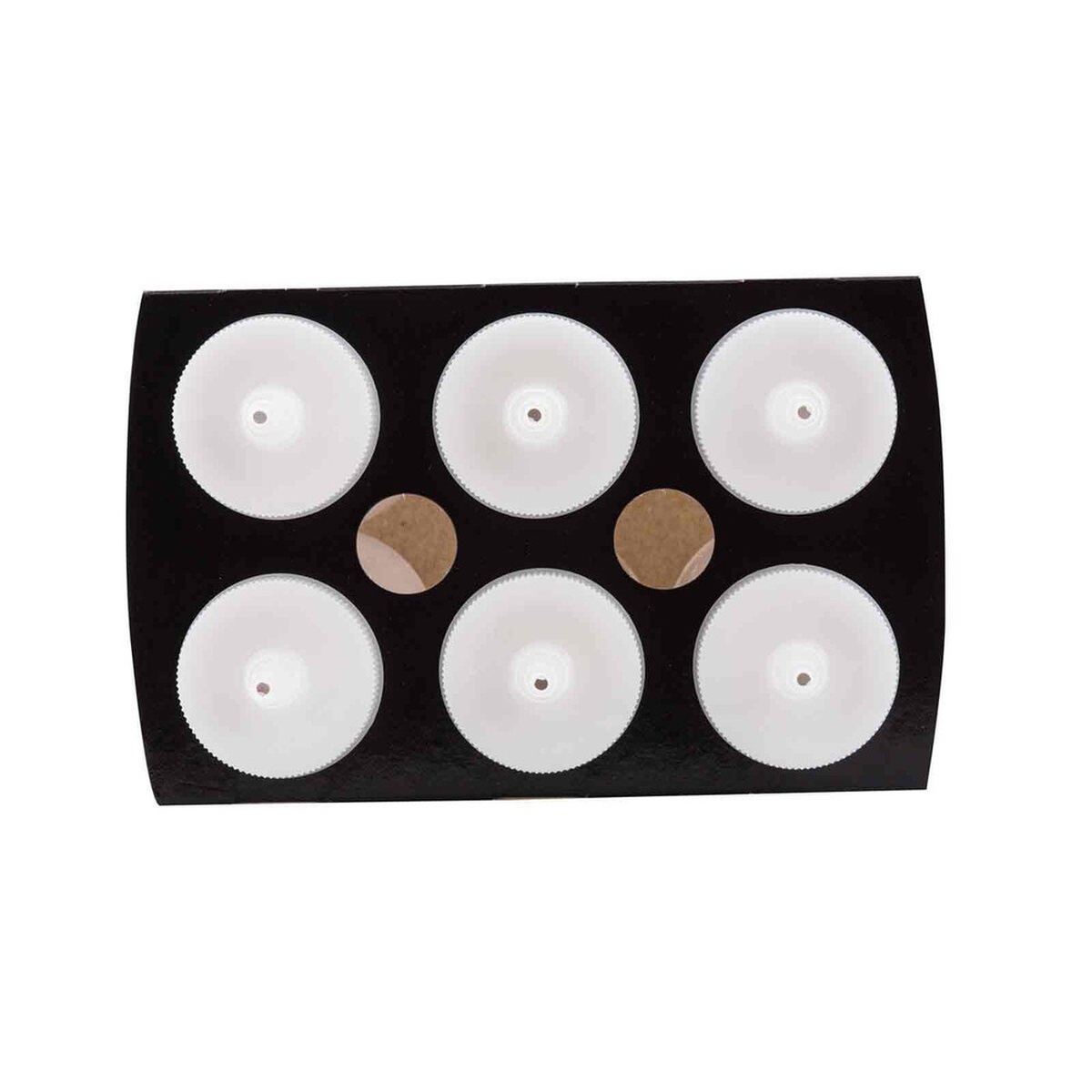 Top-down view of six TableCraft C108C squeeze bottle caps arranged in retail display cardboard tray