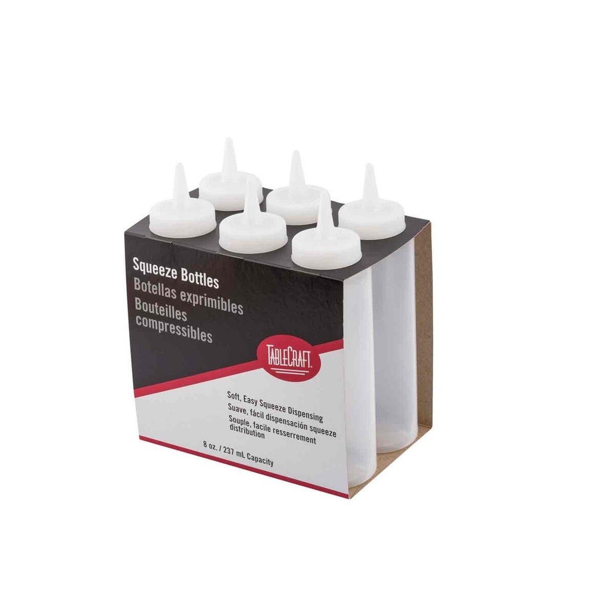 TableCraft C108C clear squeeze bottles in retail packaging, angled side view showing 6 units