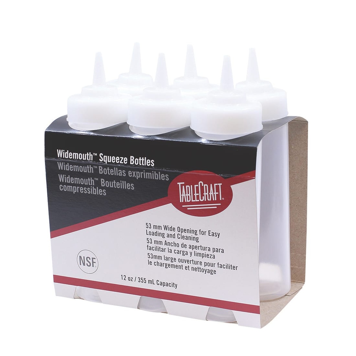 TableCraft C11253C WideMouth Squeeze Bottles 6-pack in retail packaging, angled view