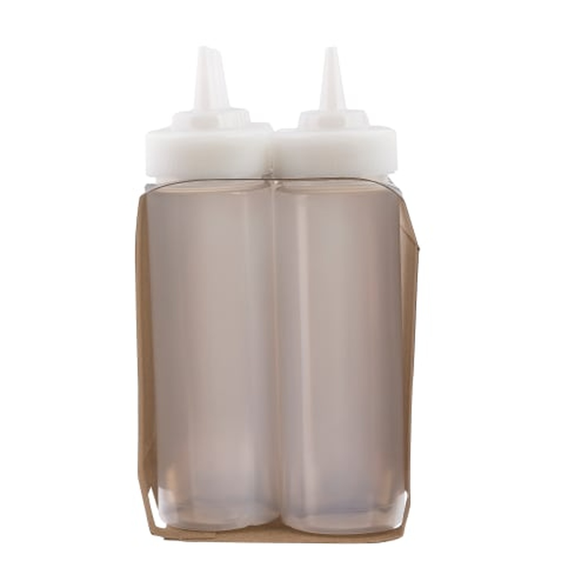 Two TableCraft clear squeeze bottles with white cone caps shown in cardboard tray