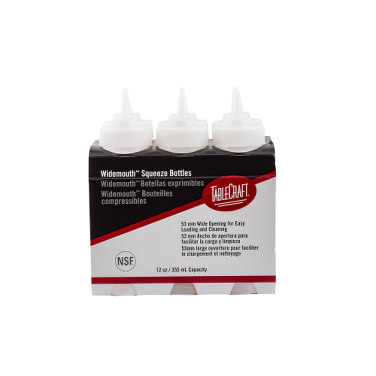 TableCraft WideMouth Squeeze Bottles 6-pack in packaging, front view showing NSF mark and 53mm opening detail