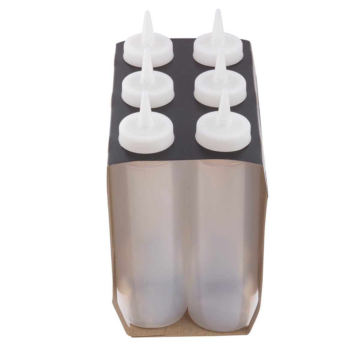 Six Tablecraft C112C clear squeeze bottles packed upright in retail packaging