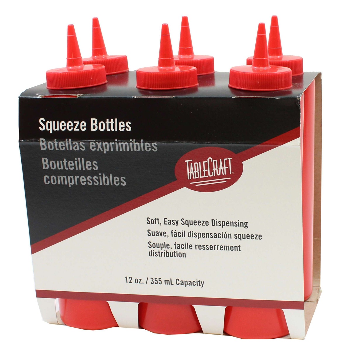 TableCraft C112K red squeeze bottles in retail display packaging showing 6-pack with cone tips