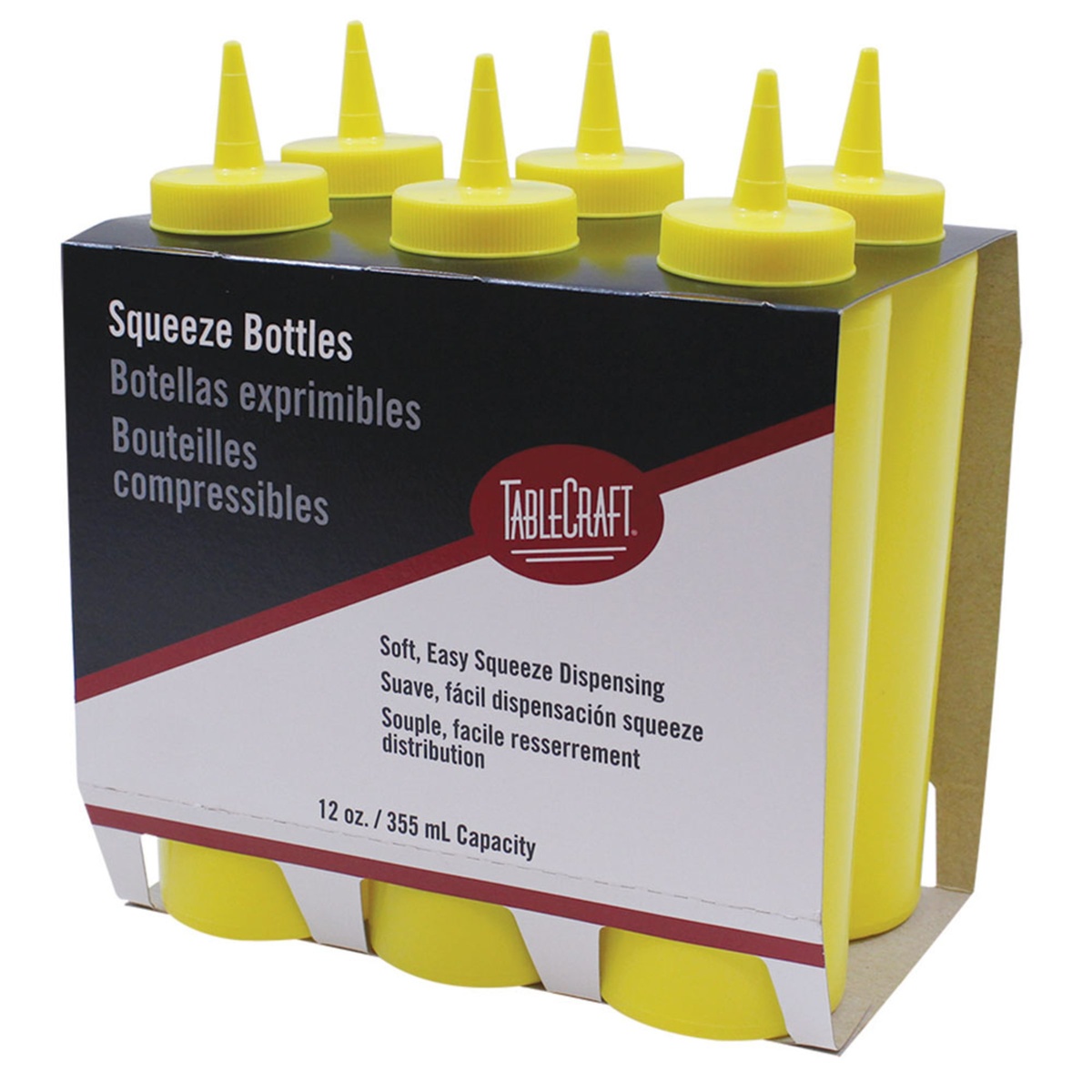 Six Tablecraft C112M yellow squeeze bottles displayed in a retail display tray showing 12 oz / 355 mL capacity