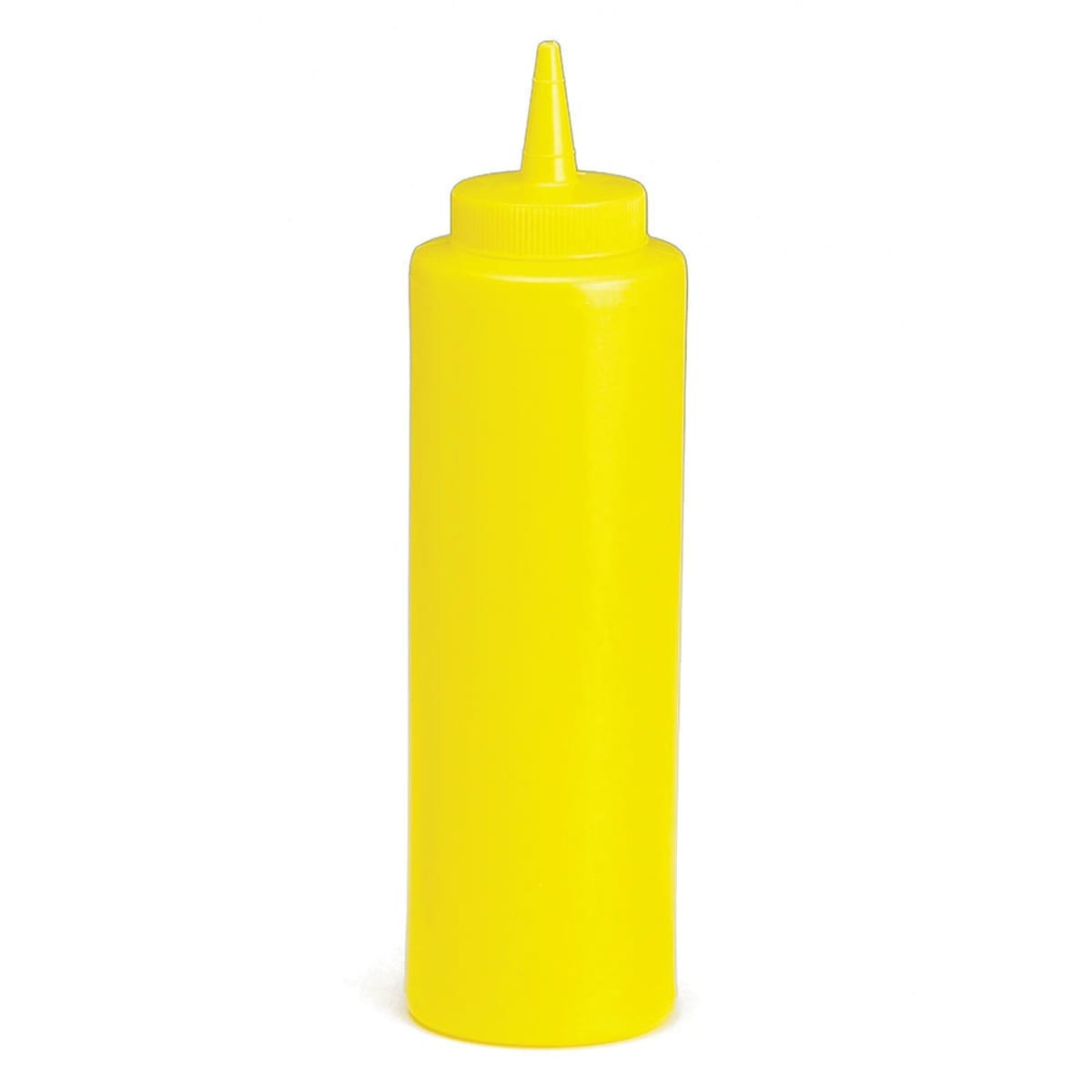 Tablecraft C112M 12 oz yellow squeeze dispenser with single tip cap on white background