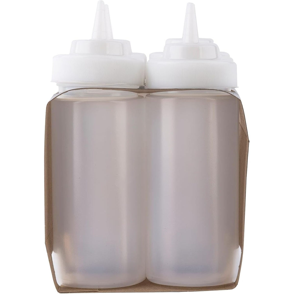 Two clear TableCraft squeeze bottles with white wide-mouth caps shown side by side in cardboard carrier