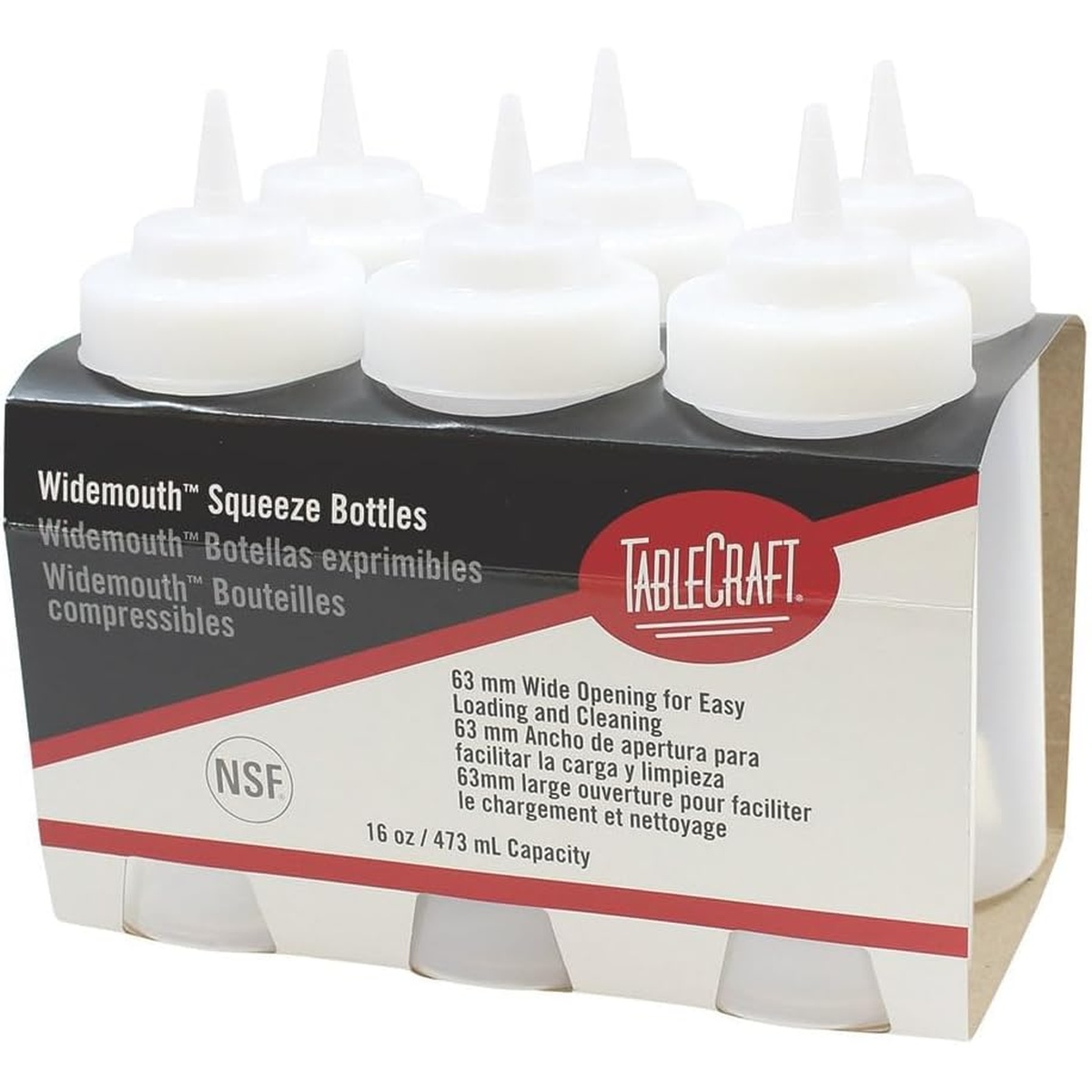TableCraft WideMouth squeeze bottles six-pack in retail packaging showing NSF certification and 16 oz capacity