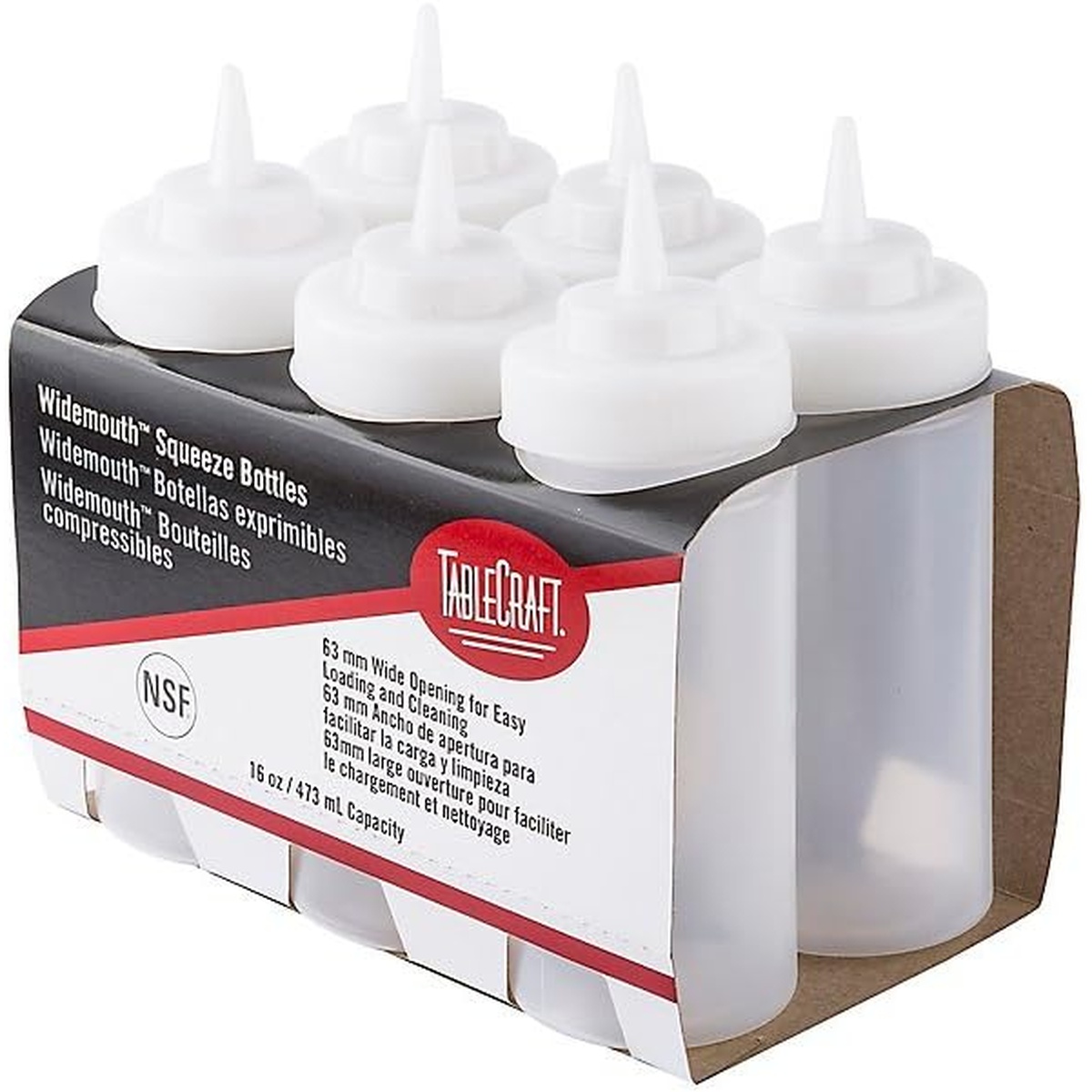 Six TableCraft WideMouth squeeze bottles arranged in retail packaging showing angle view with NSF logo and 16 oz capacity label