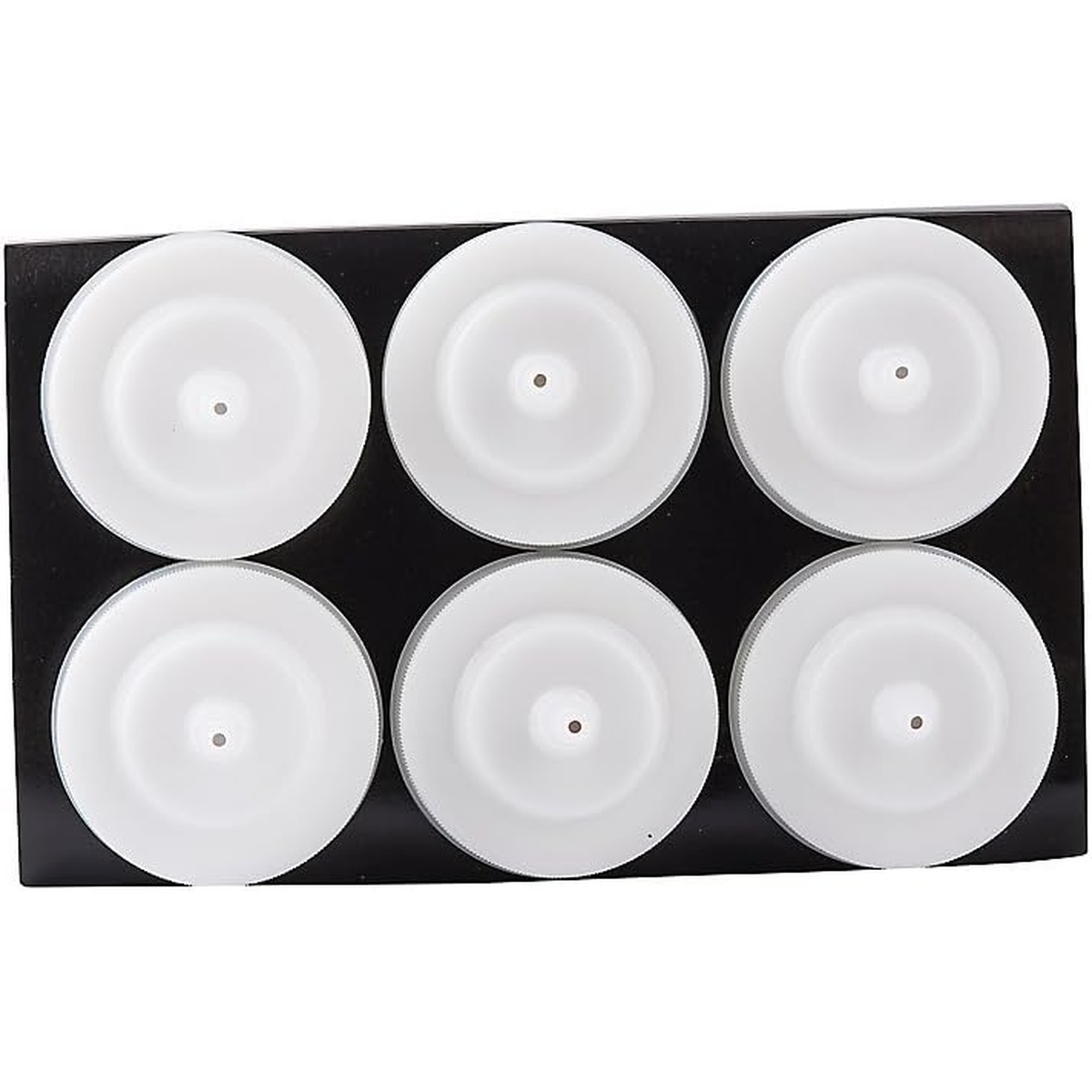 Top-down view of six white wide-mouth caps from TableCraft squeeze bottles arranged in a two-by-three grid