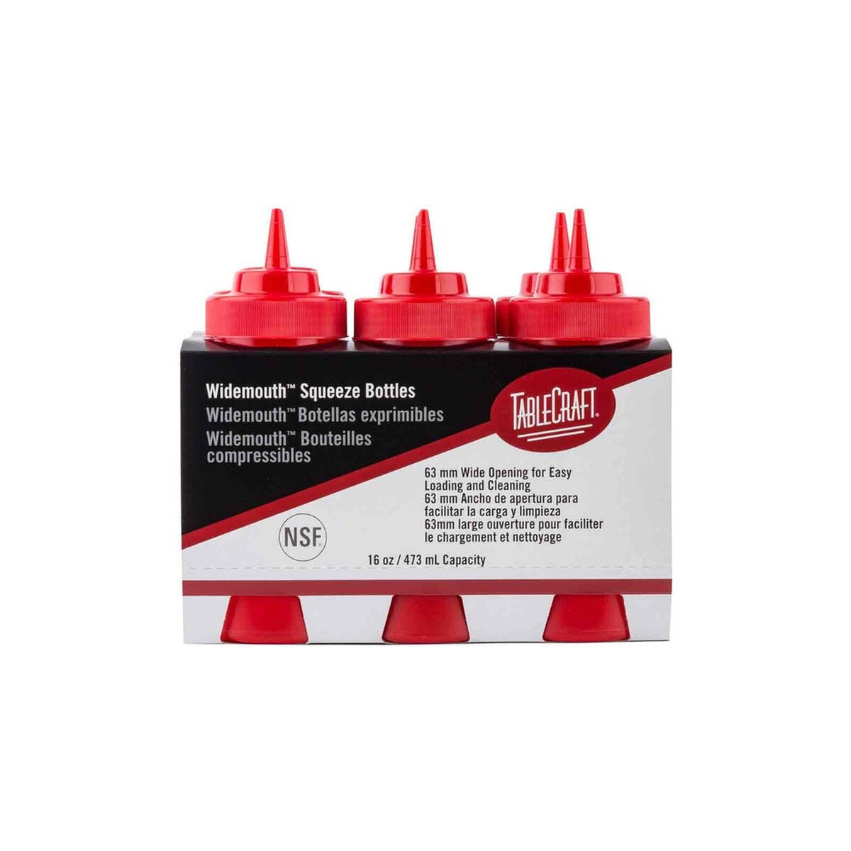 Front view of TableCraft Widemouth Squeeze Bottles packaging showing NSF seal and 63mm wide opening callout