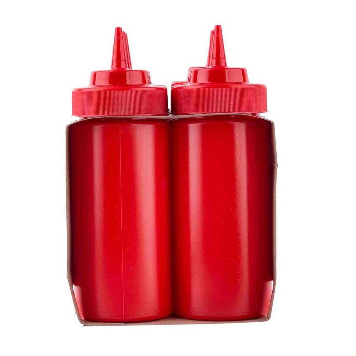 Two red TableCraft 16 oz widemouth squeeze bottles side by side in tray packaging