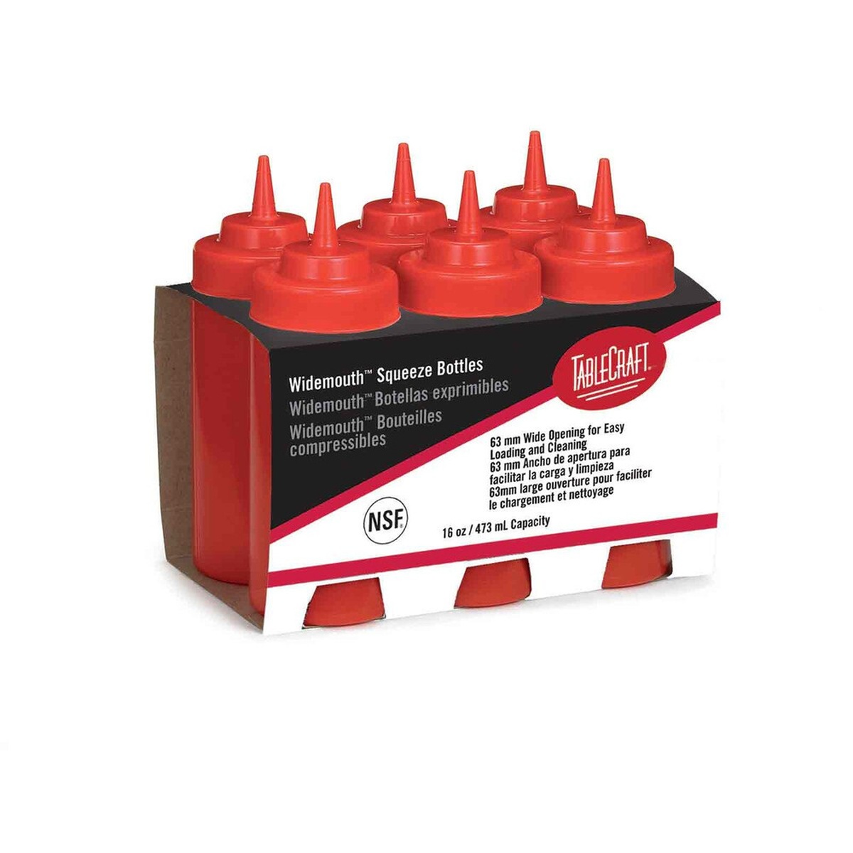 Six red TableCraft widemouth squeeze bottles displayed in retail Cash and Carry packaging box
