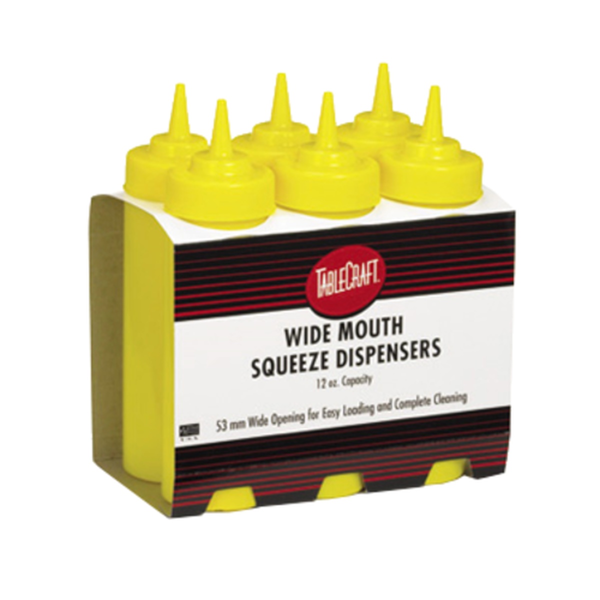 TableCraft yellow wide mouth mustard squeeze bottles in retail display box, set of 6
