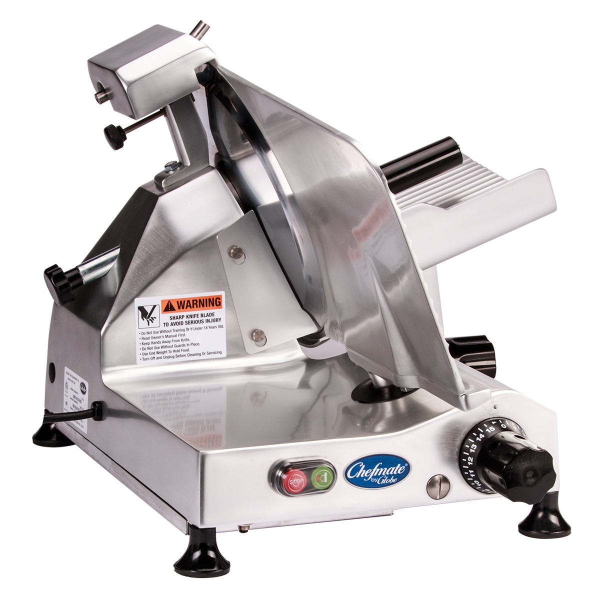 Globe Chefmate C12 manual food slicer with dial thickness control and gravity-feed carriage