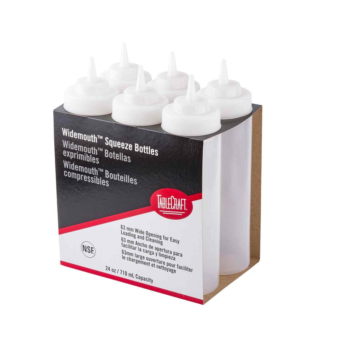 Six TableCraft Widemouth Squeeze Bottles packed in retail Cash and Carry cardboard tray from side angle