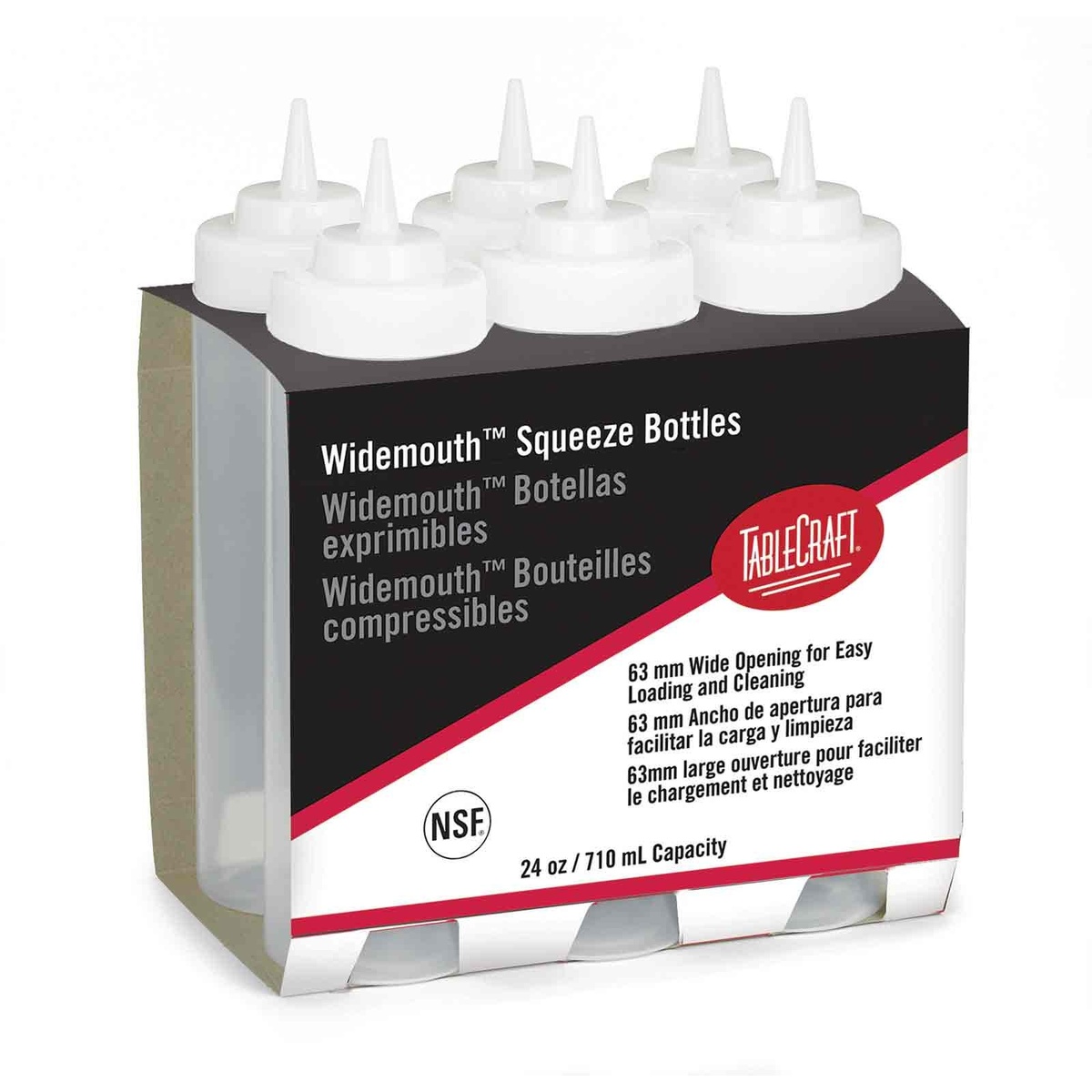 TableCraft Widemouth Squeeze Bottles 6-pack retail packaging angled view showing NSF badge and capacity details