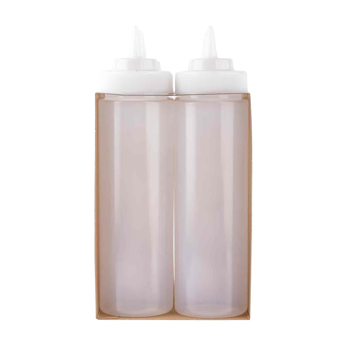 Two clear TableCraft Widemouth Squeeze Bottles with white standard tip caps in cardboard tray