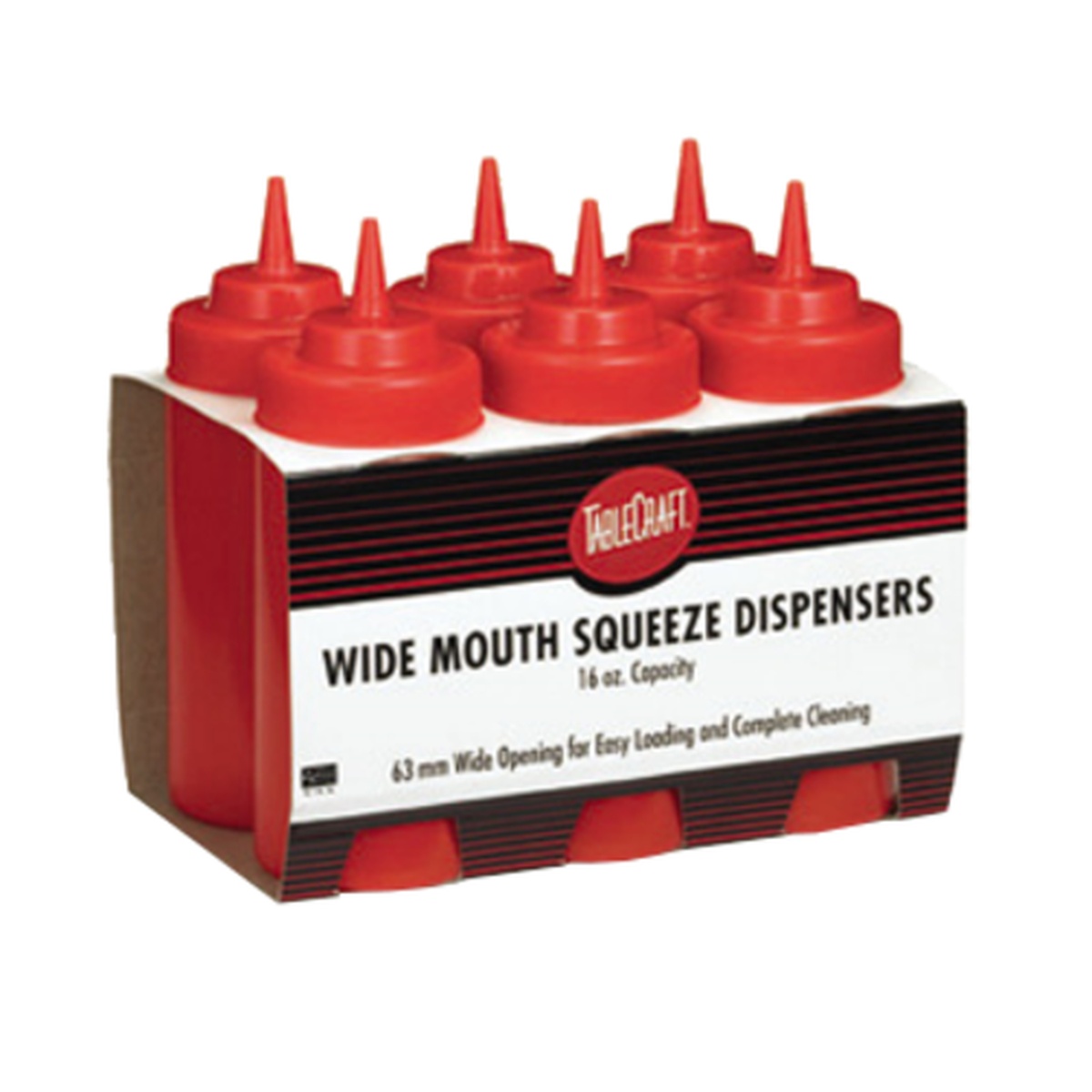 TableCraft C12463K red wide mouth squeeze bottles displayed in retail display pack of 6