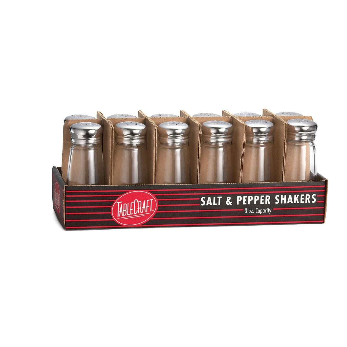 Tablecraft C132-12 pack of 12 round clear glass salt and pepper shakers with stainless steel tops in branded display box