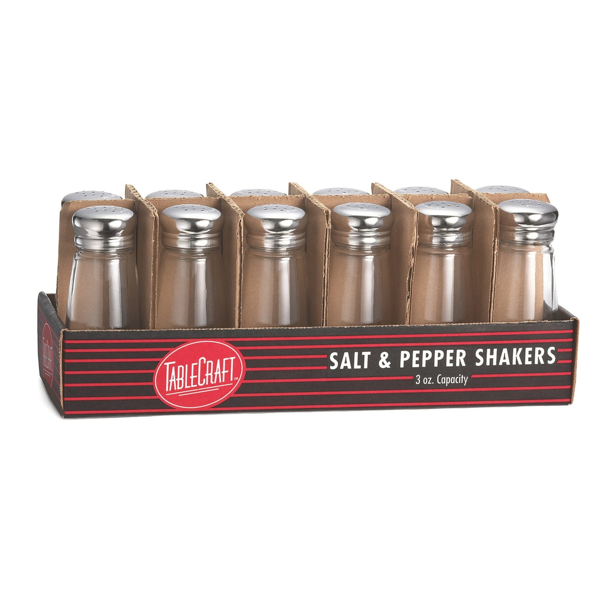 Tablecraft C132-12 dozen glass salt and pepper shakers with stainless steel tops in display box