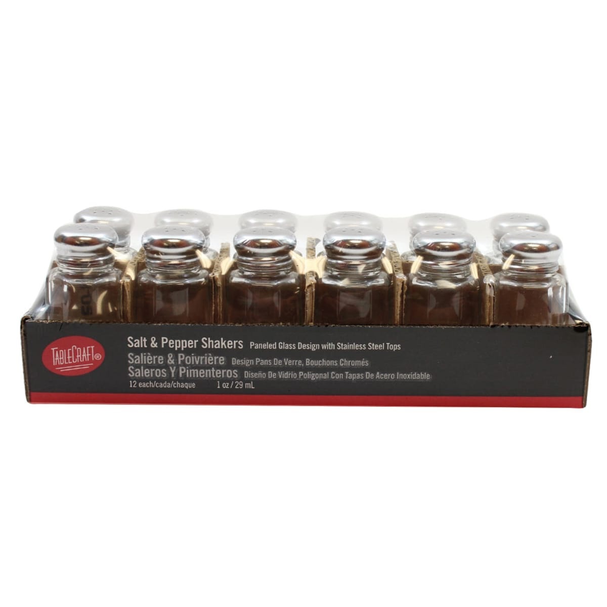 Tablecraft C150-12 paneled glass salt and pepper shakers with stainless steel tops, displayed in retail packaging of 12